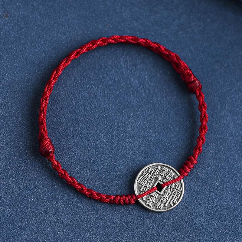 Buddha Stones 925 Sterling Silver Coin Protection Braided Bracelet Anklet - Dark Red Rope - Anklet(Circumference 18-30cm) - image 2