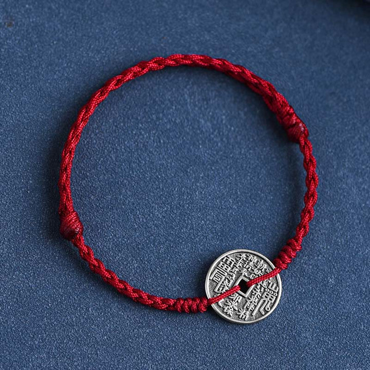 Buddha Stones 925 Sterling Silver Coin Protection Braided Bracelet Anklet - Dark Red Rope - Anklet(Circumference 18-30cm) - image 2