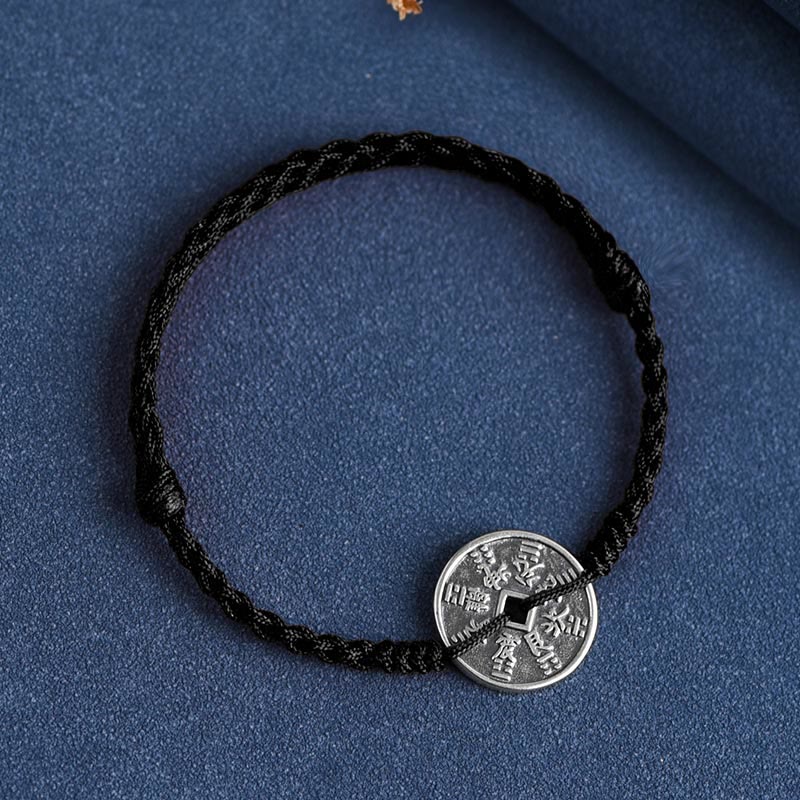 Buddha Stones 925 Sterling Silver Coin Protection Braided Bracelet Anklet - Black Rope - Anklet(Circumference 18-30cm) - image 16