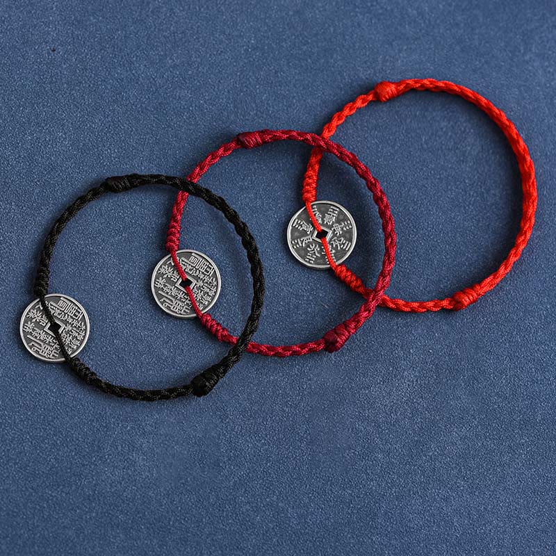 Buddha Stones 925 Sterling Silver Coin Protection Braided Bracelet Anklet - image 18