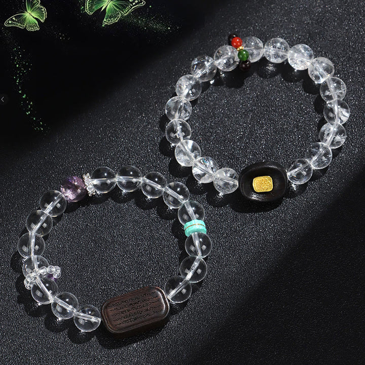 Buddha Stones White Crystal Ebony Wood Sak Yant Zashi Lhamo Healing Bracelet - image 1