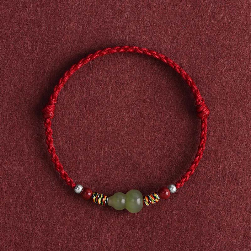 Buddha Stones Natural Hetian Jade Gourd Protection Luck Braided Bracelet Anklet - Dark Red Rope - Children's Anklet(Circumference 14-20cm) - image 0