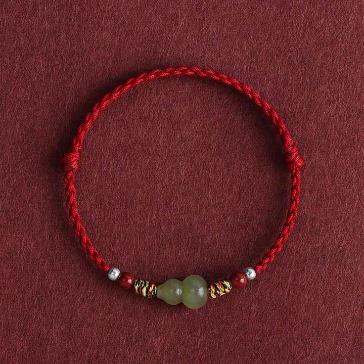 Buddha Stones Natural Hetian Jade Gourd Protection Luck Braided Bracelet Anklet - Dark Red Rope - Children's Anklet(Circumference 14-20cm) - image 0