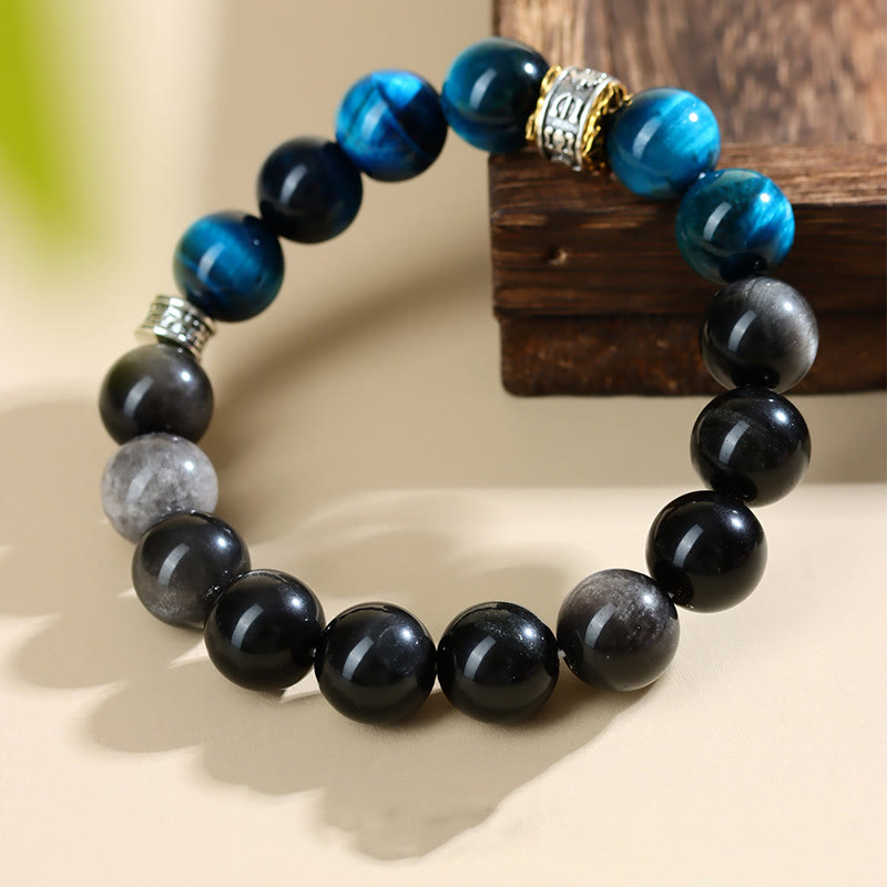 Buddha Stones Blue Tiger Eye Silver Sheen Obsidian Strength Bracelet - image 1
