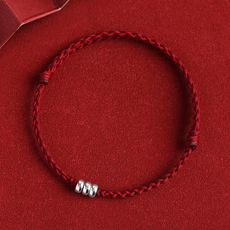Buddha Stones 925 Sterling Silver Beads Protection Luck Braided Bracelet Anklet - Dark Red Rope - Bracelet(Wrist Circumference 15-20cm) - image 1