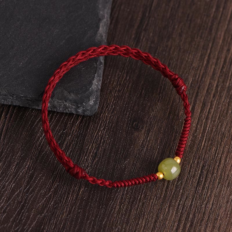 Buddha Stones Natural Hetian Jade 999 Gold Beads Protection Luck Braided Bracelet Anklet - Dark Red Rope - Hetian Jade 999 Gold Beads - Anklet(Circumference 17-30cm) - image 2