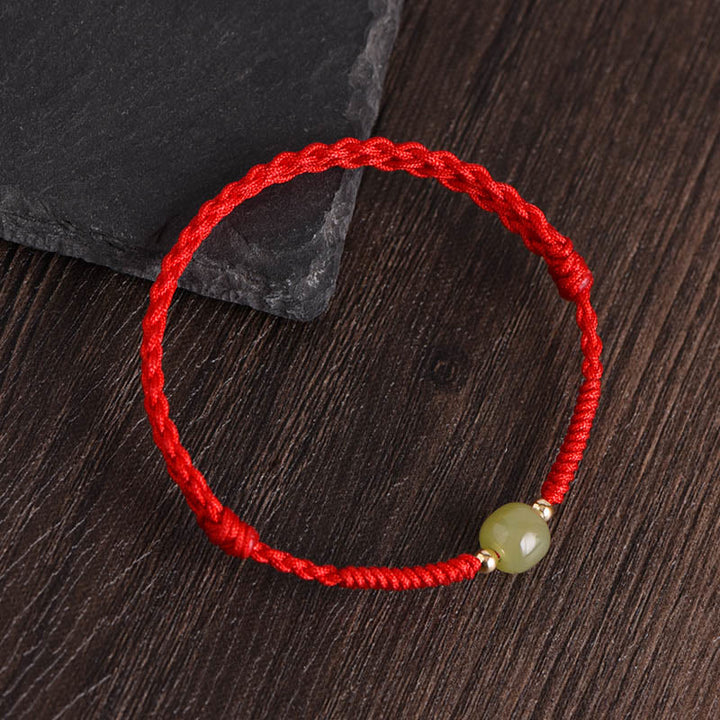 Buddha Stones Natural Hetian Jade 999 Gold Beads Protection Luck Braided Bracelet Anklet - Red Rope - Hetian Jade 14k Gold Beads - Anklet(Circumference 17-30cm) - image 9