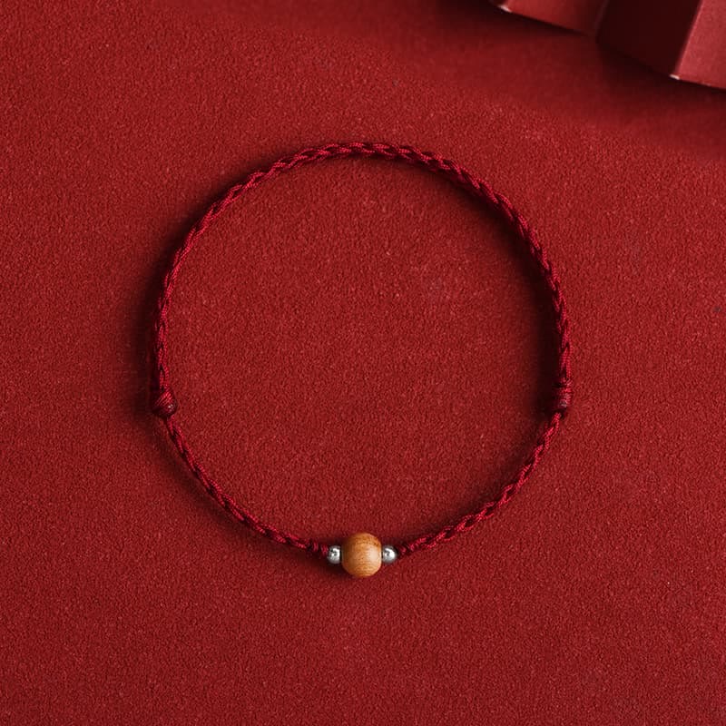 Buddha Stones Natural Peach Wood Bead Luck Braided Bracelet Anklet - Dark Red Rope - 6mm - Anklet(Circumference 17-30cm) - image 0