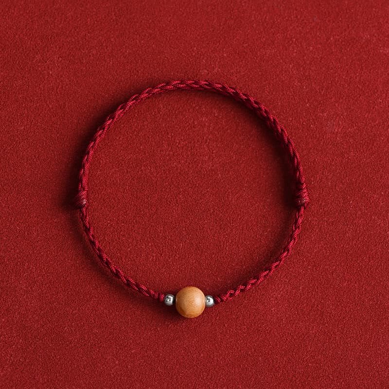Buddha Stones Natural Peach Wood Bead Luck Braided Bracelet Anklet - Dark Red Rope - 8mm - Anklet(Circumference 17-30cm) - image 1