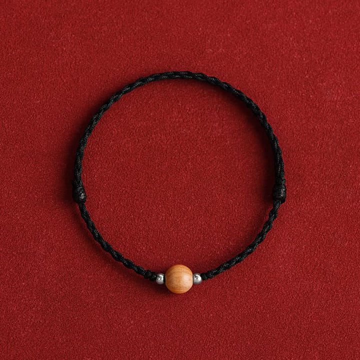 Buddha Stones Natural Peach Wood Bead Luck Braided Bracelet Anklet - Black Rope - 8mm - Anklet(Circumference 17-30cm) - image 18