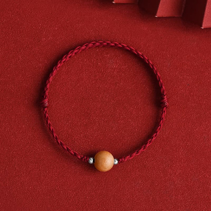 Buddha Stones Natural Peach Wood Bead Luck Braided Bracelet Anklet - Dark Red Rope - 10mm - Anklet(Circumference 17-30cm) - image 2
