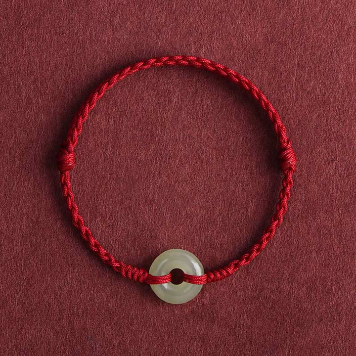 Buddha Stones Natural Hetian Jade Peace Buckle Protection Luck Braided Bracelet Anklet - Dark Red Rope - Anklet(Circumference 17-30cm) - image 0