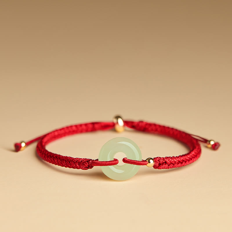 Buddha Stones Natural Hetian Jade Peace Buckle Fu Character Protection Luck Braided Bracelet - Hetian Jade Red Rope - image 9