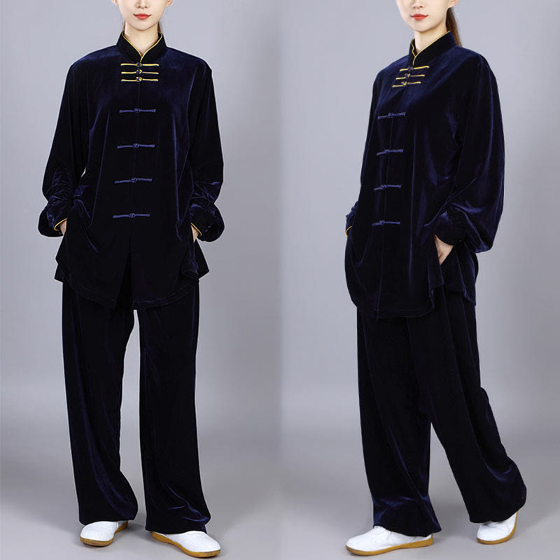 Buddha Stones 2Pcs Fall Winter Tai Chi Qigong Practice Unisex Frog-Button Meditation Velour Clothing Set - image 1