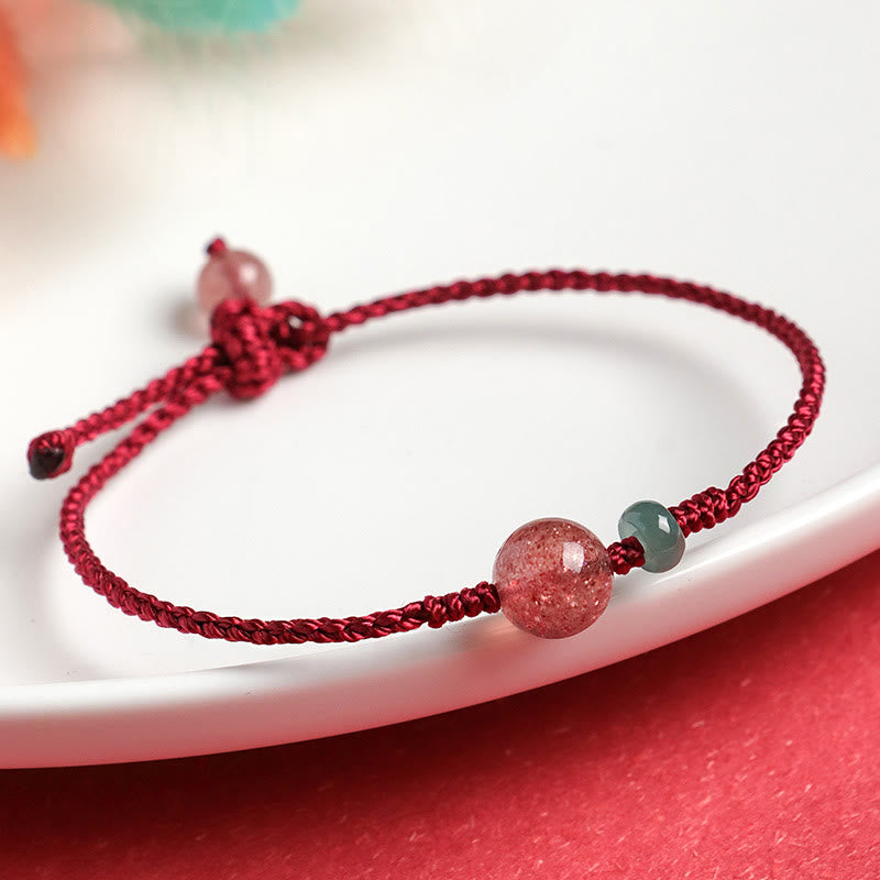 Buddha Stones Natural Strawberry Quartz Jade White Agate Red String Positive Bracelet - Strawberry Quartz Jade(Wrist Circumference:14-16cm) - image 0