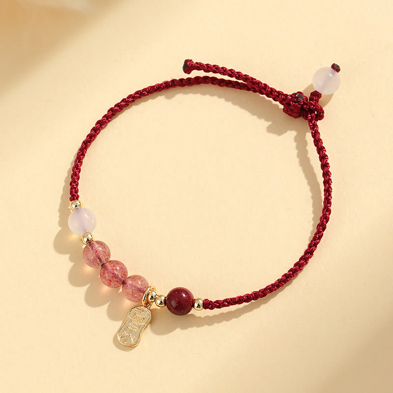 Buddha Stones Natural Strawberry Quartz Jade White Agate Red String Positive Bracelet - image 10
