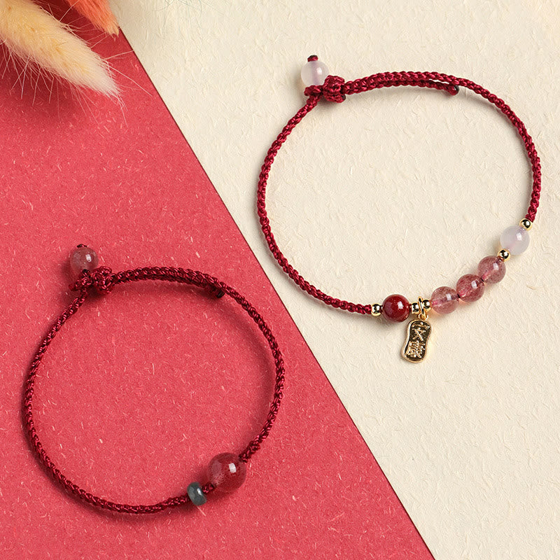 Buddha Stones Natural Strawberry Quartz Jade White Agate Red String Positive Bracelet - image 1