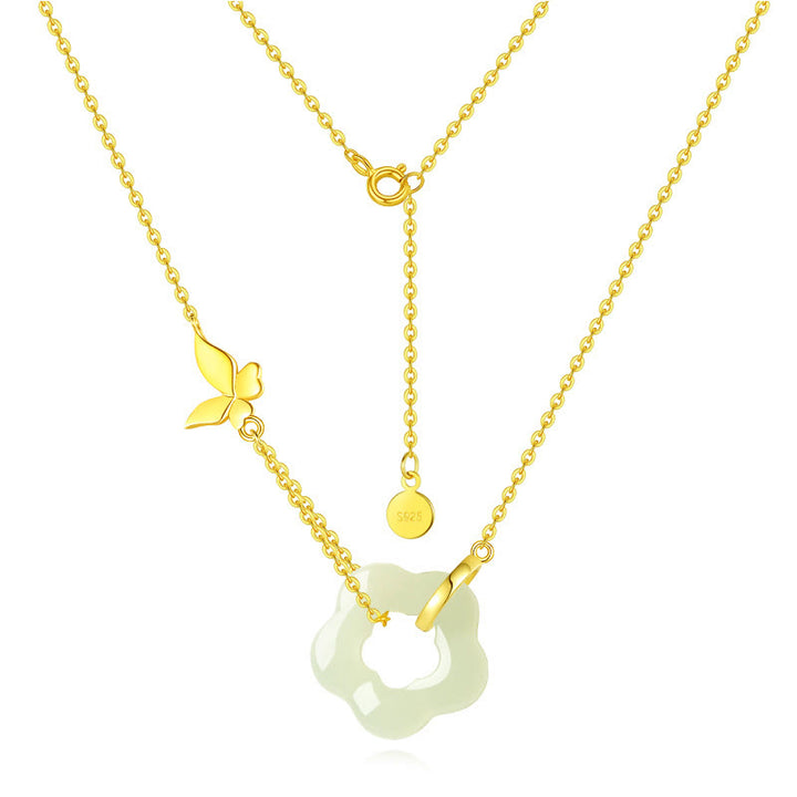 Buddha Stones 925 Sterling Silver Butterfly Hetian Jade Flower Blessing Necklace Pendant - image 2