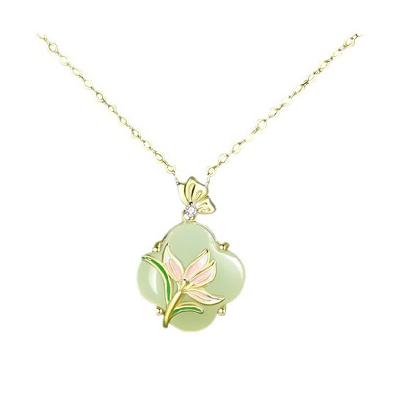 Buddha Stones 925 Sterling Silver Magnolia Butterfly Hetian Jade Four Leaf Clover Blessing Earrings Necklace Pendant - image 1