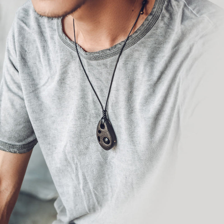 Buddha Stones Ebony Wood Hollow Inlaid Obsidian Peace Calm Necklace Pendant - image 3