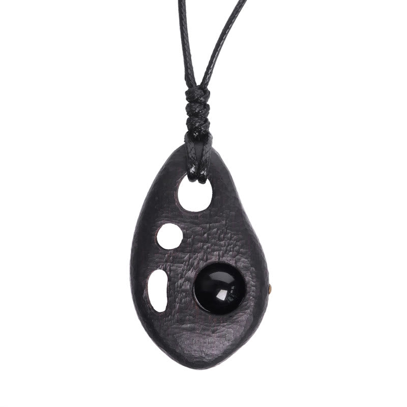 Buddha Stones Ebony Wood Hollow Inlaid Obsidian Peace Calm Necklace Pendant - image 7
