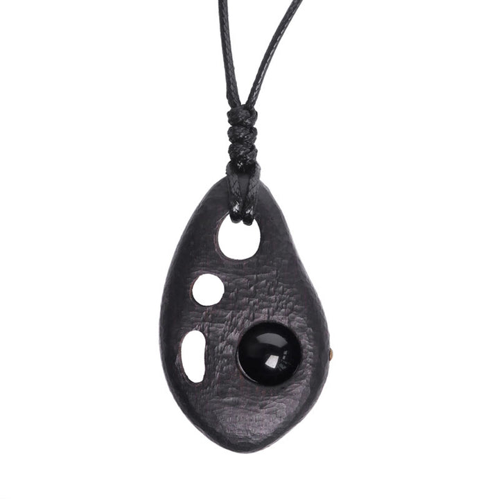 Buddha Stones Ebony Wood Hollow Inlaid Obsidian Peace Calm Necklace Pendant - image 7