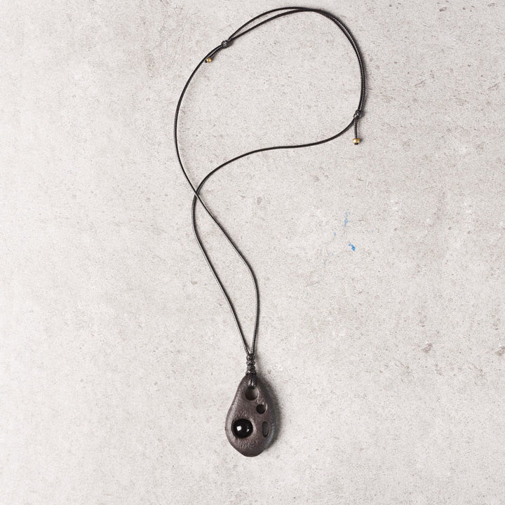 Buddha Stones Ebony Wood Hollow Inlaid Obsidian Peace Calm Necklace Pendant - image 2