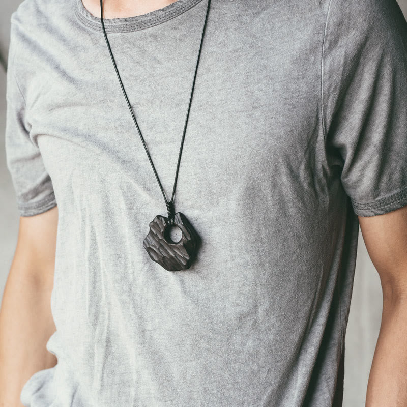 Buddha Stones Ebony Wood Hollow Irregular Shape Peace Balance Necklace Pendant - image 3