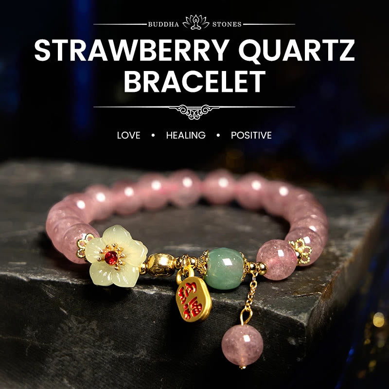 Buddha Stones Natural Strawberry Quartz Blossom Fu Character Positivity Healing Bracelet - Strawberry Quartz(Wrist Circumference: 14-17cm) - image 0