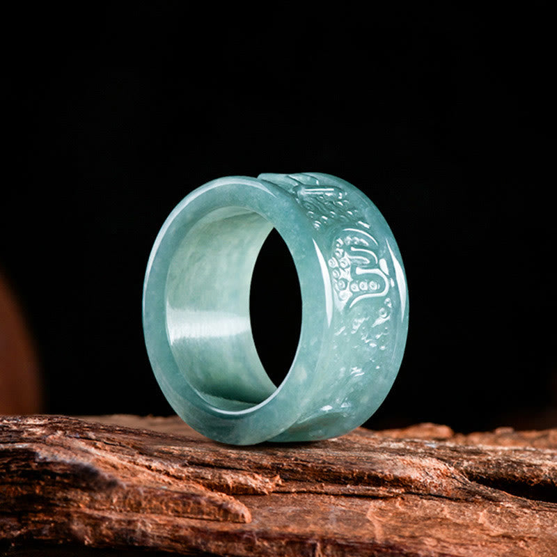 Buddha Stones Natural Jade Om Mani Padme Hum Carved Prosperity Ring - image 1