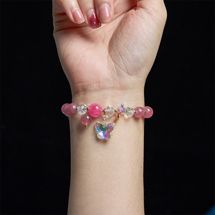 Buddha Stones Strawberry Quartz White Crystal Pink Crystal Butterfly Love Bracelet - image 12
