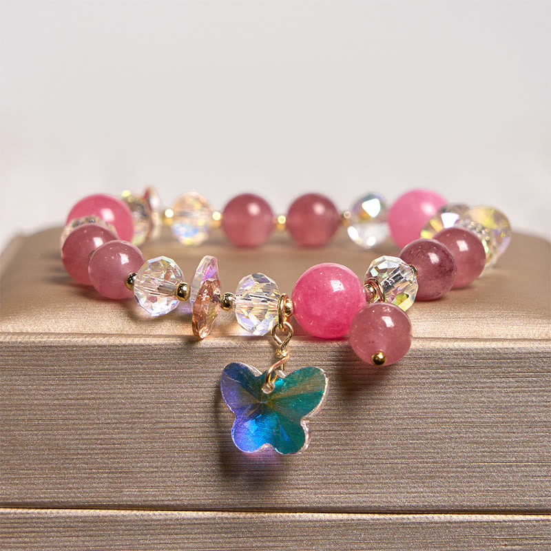 Buddha Stones Strawberry Quartz White Crystal Pink Crystal Butterfly Love Bracelet - image 2