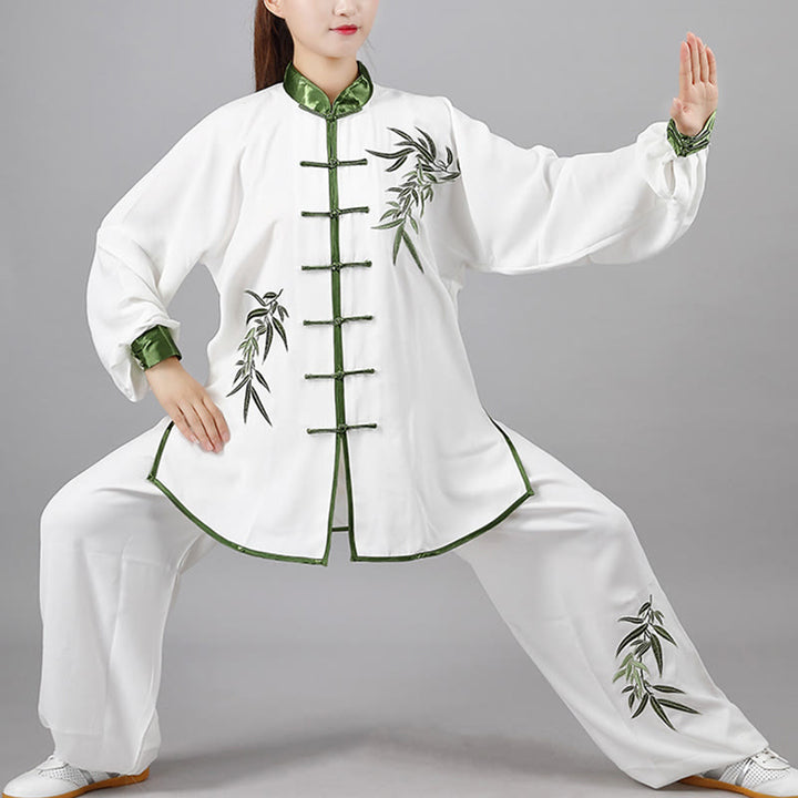 Buddha Stones 2Pcs Fall Green Bamboo Leaves Embroidery Frog-Button Tai Chi Meditation Qigong Zen Practice Unisex Cotton Clothing Set - White - 3XL-FIT FOR US/UK/AU/EU-XL - image 0