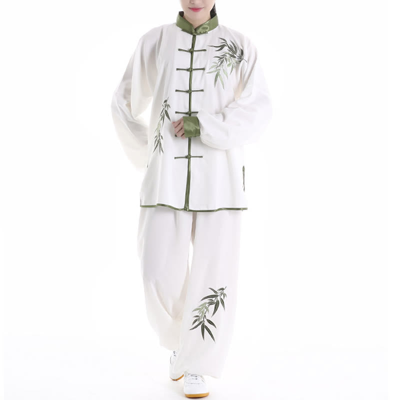 Buddha Stones 2Pcs Fall Green Bamboo Leaves Embroidery Frog-Button Tai Chi Meditation Qigong Zen Practice Unisex Cotton Clothing Set - image 3
