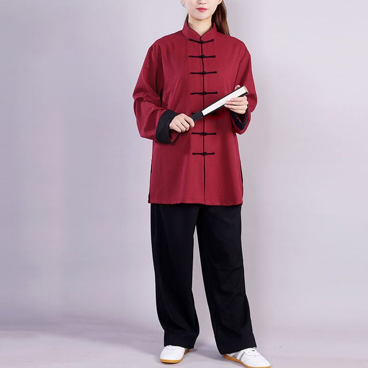 Buddha Stones 2Pcs Fall Winter Frog-Button Tai Chi Meditation Qigong Zen Practice Unisex Cotton Linen Clothing Set - image 4