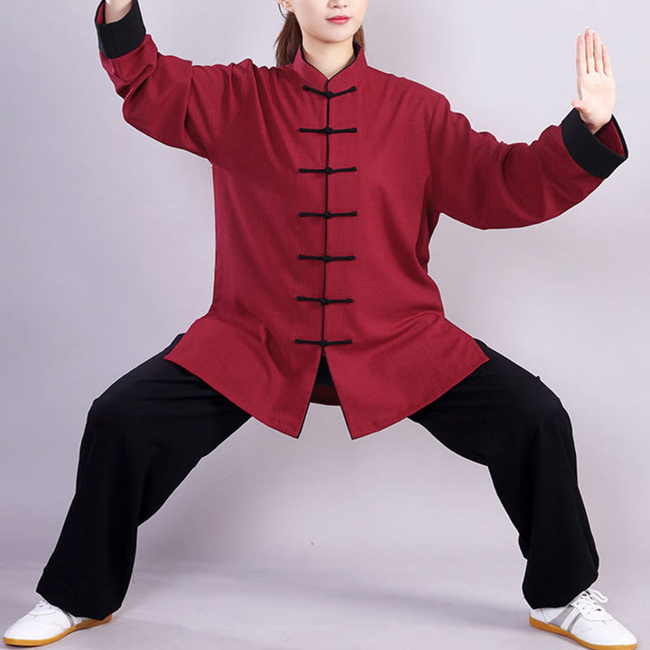 Buddha Stones 2Pcs Fall Winter Frog-Button Tai Chi Meditation Qigong Zen Practice Unisex Cotton Linen Clothing Set - image 1
