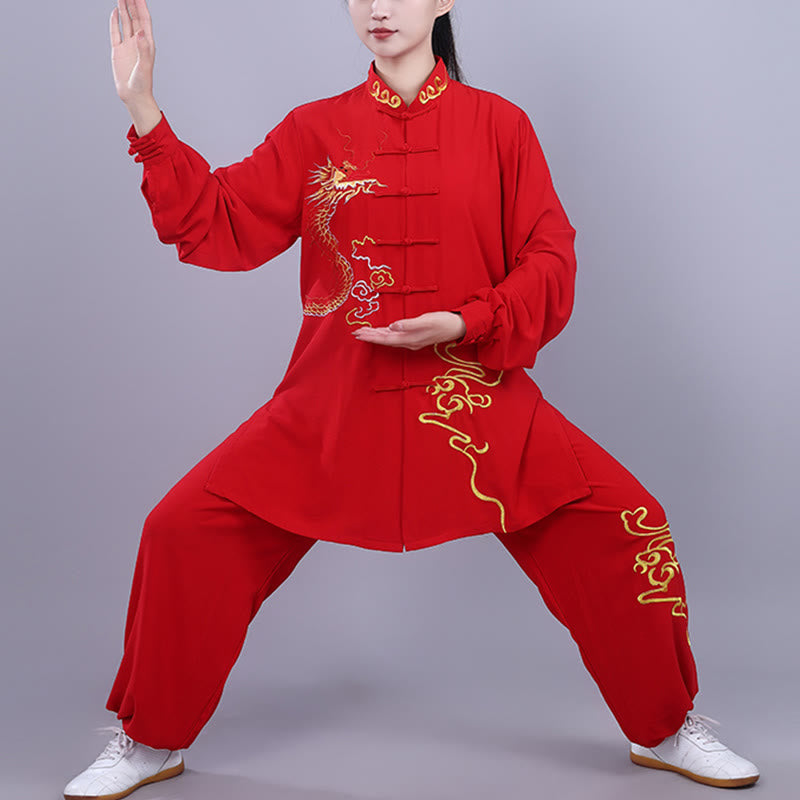 Buddha Stones 2Pcs Fall Embroidery Dragon Frog-Button Tai Chi Meditation Qigong Zen Practice Unisex Cotton Clothing Set - Red - 3XL-FIT FOR US/UK/AU/EU-XL - image 14