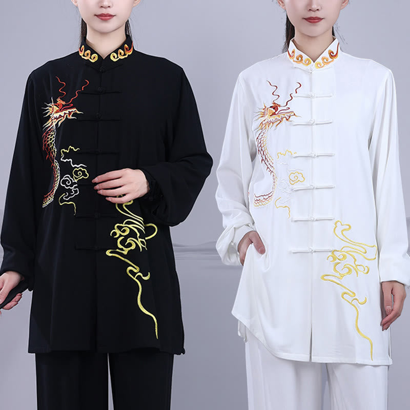 Buddha Stones 2Pcs Fall Embroidery Dragon Frog-Button Tai Chi Meditation Qigong Zen Practice Unisex Cotton Clothing Set - image 13
