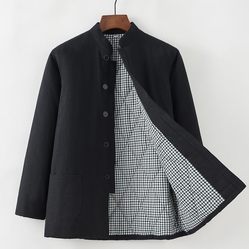 Buddha Stones Winter Men's Frog-Button Tang Suit Linen Cotton Fleece Lined Jacket Shirt With Pockets - Black - Button Down - US/UK/AU44，EU54 (4XL) - image 12