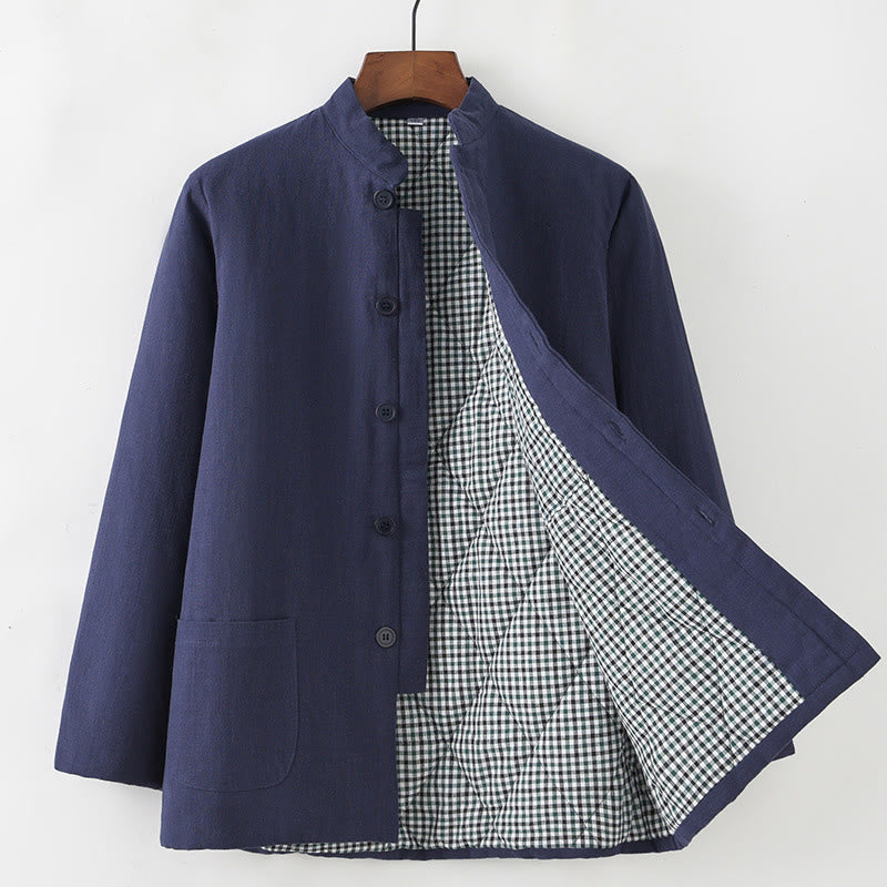 Buddha Stones Winter Men's Frog-Button Tang Suit Linen Cotton Fleece Lined Jacket Shirt With Pockets - SteelBlue - Button Down - US/UK/AU44，EU54 (4XL) - image 0