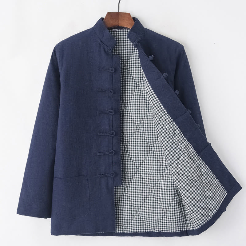 Buddha Stones Winter Men's Frog-Button Tang Suit Linen Cotton Fleece Lined Jacket Shirt With Pockets - SteelBlue - Frog-Button - US/UK/AU44，EU54 (4XL) - image 14
