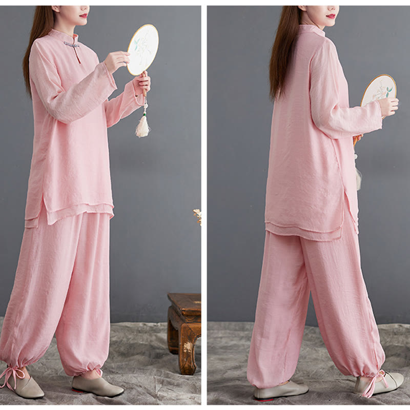 Buddha Stones 2Pcs Solid Women's Long Sleeve Shirt Pants Meditation Clothing Set - image 3