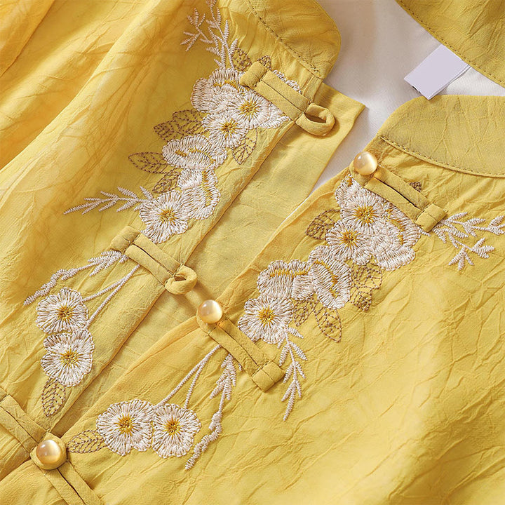 Buddha Stones Women's Flower Embroidery Frog-Button Shirt Dress Wide Leg Pants - image 5