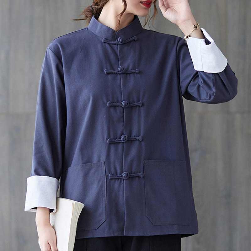 Buddha Stones Women's Frog-Button Long Sleeve Shirt Pants Meditation Cotton Linen Clothing - Blue Shirt - US8-10，UK/AU12-14，EU40-42 (2XL) - image 14