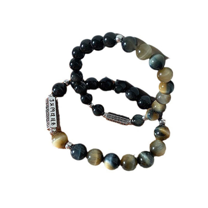 Buddha Stones Natural Black Obsidian Tiger's Eye Six True Words 'om Mani Padme Hum' Strength Love Bracelet - image 10