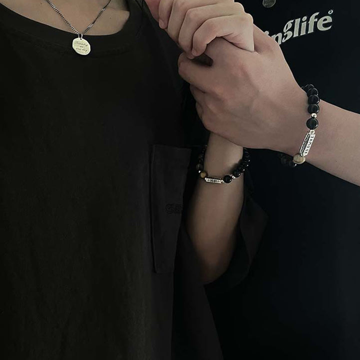 Buddha Stones Natural Black Obsidian Tiger's Eye Six True Words 'om Mani Padme Hum' Strength Love Bracelet - image 4