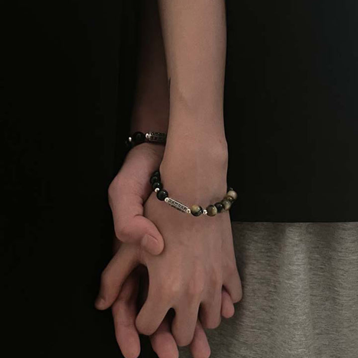 Buddha Stones Natural Black Obsidian Tiger's Eye Six True Words 'om Mani Padme Hum' Strength Love Bracelet - image 9