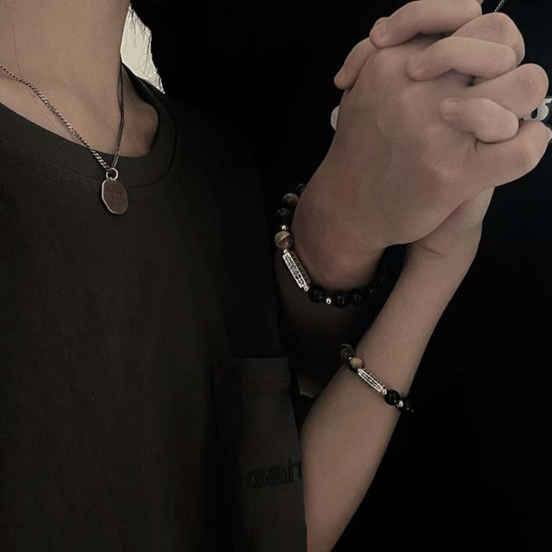 Buddha Stones Natural Black Obsidian Tiger's Eye Six True Words 'om Mani Padme Hum' Strength Love Bracelet - image 8