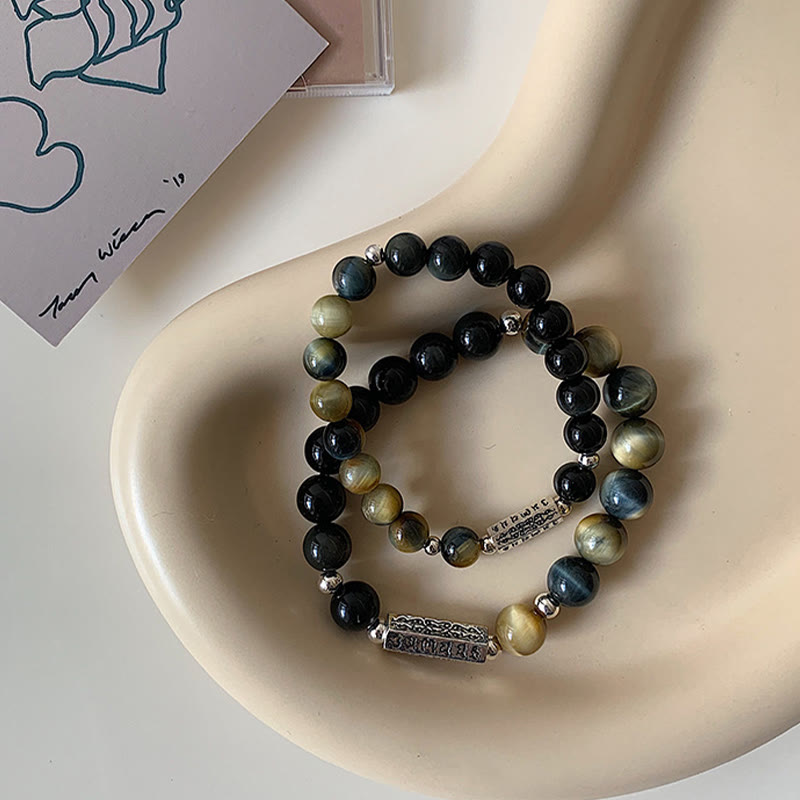 Buddha Stones Natural Black Obsidian Tiger's Eye Six True Words 'om Mani Padme Hum' Strength Love Bracelet - image 1