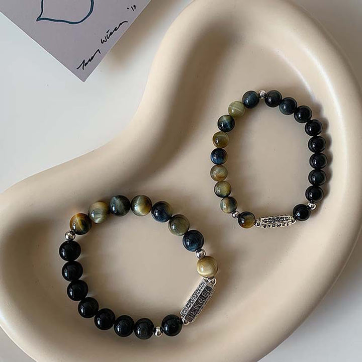 Buddha Stones Natural Black Obsidian Tiger's Eye Six True Words 'om Mani Padme Hum' Strength Love Bracelet - Black Obsidian Tiger's Eye 10mm Beads(Wrist Circumference: 17-18cm) - image 2